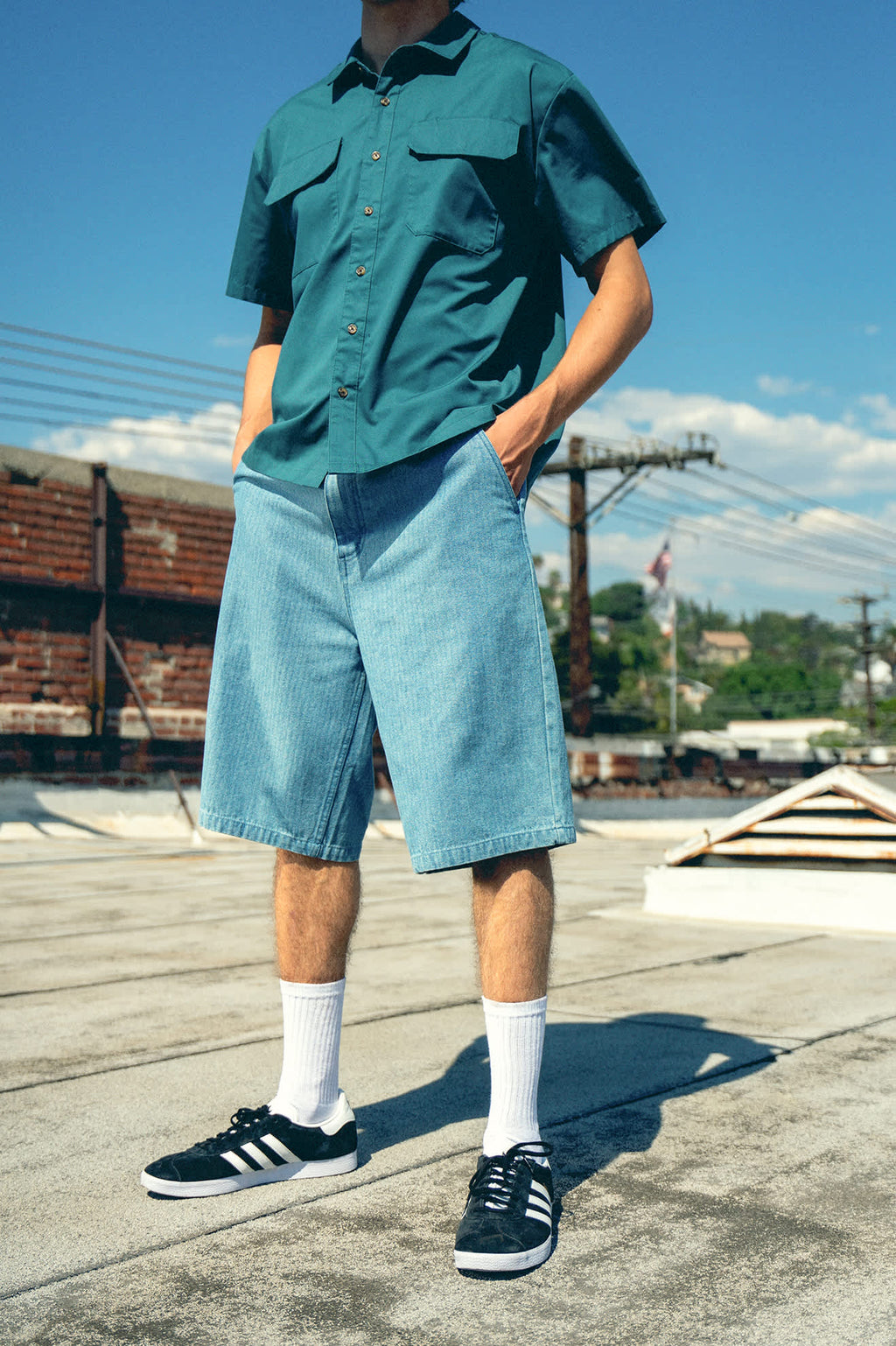 Choice Chino Baggy Short - Light Wash Denim Herringbone
