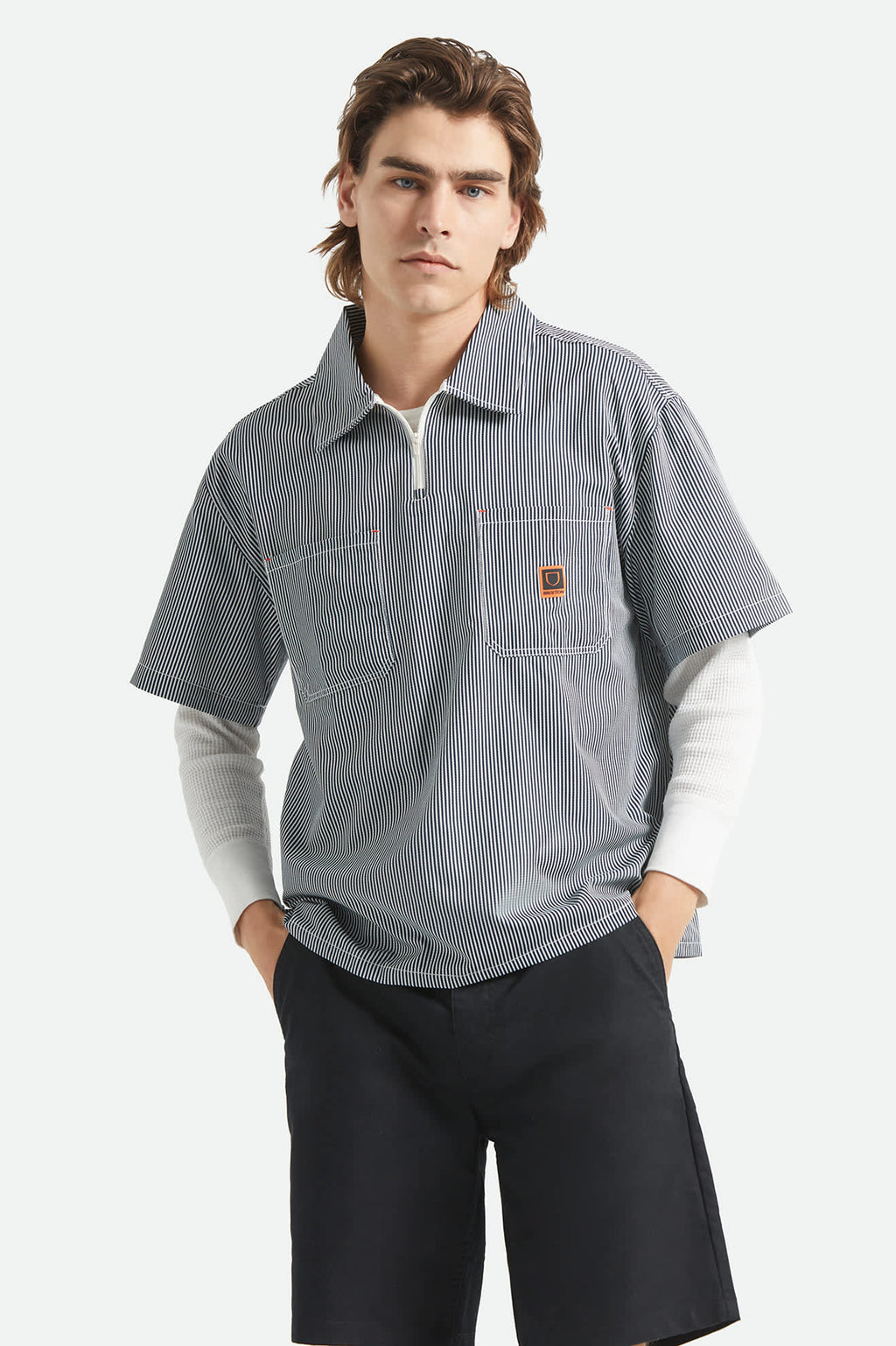 Journey Lightweight 1/2 Zip Cropped Short Sleeve Shirt - Navy/White Stripe