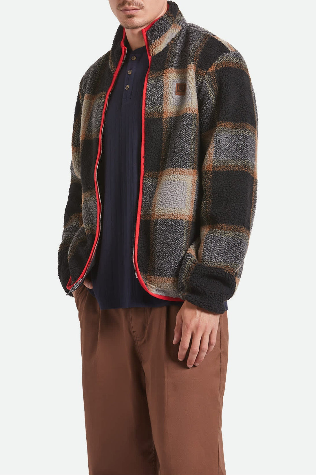 Buffalo Plaid Sherpa Full Zip Jacket - Black/Cream