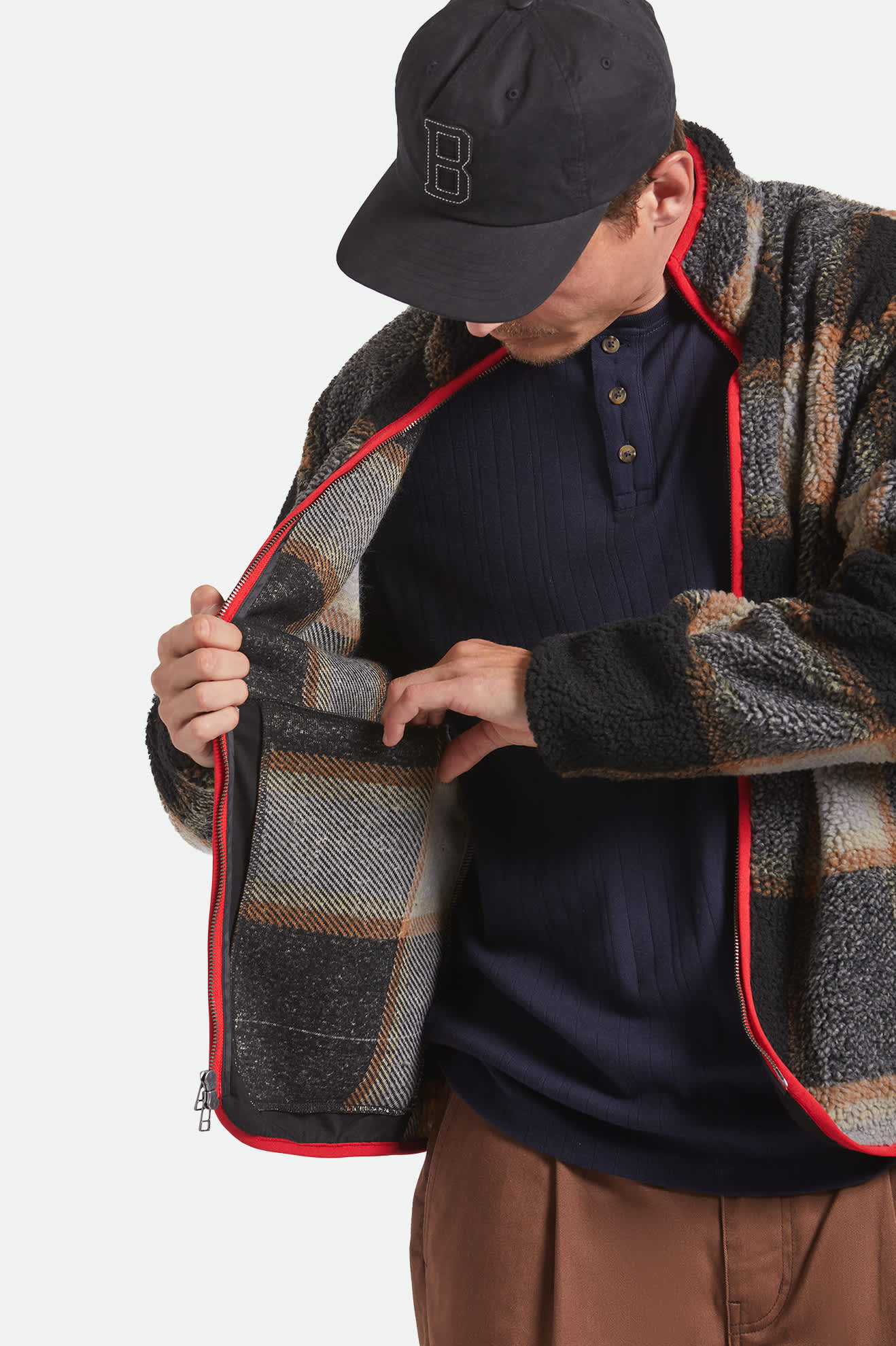 Buffalo Plaid Sherpa Full Zip Jacket - Black/Cream