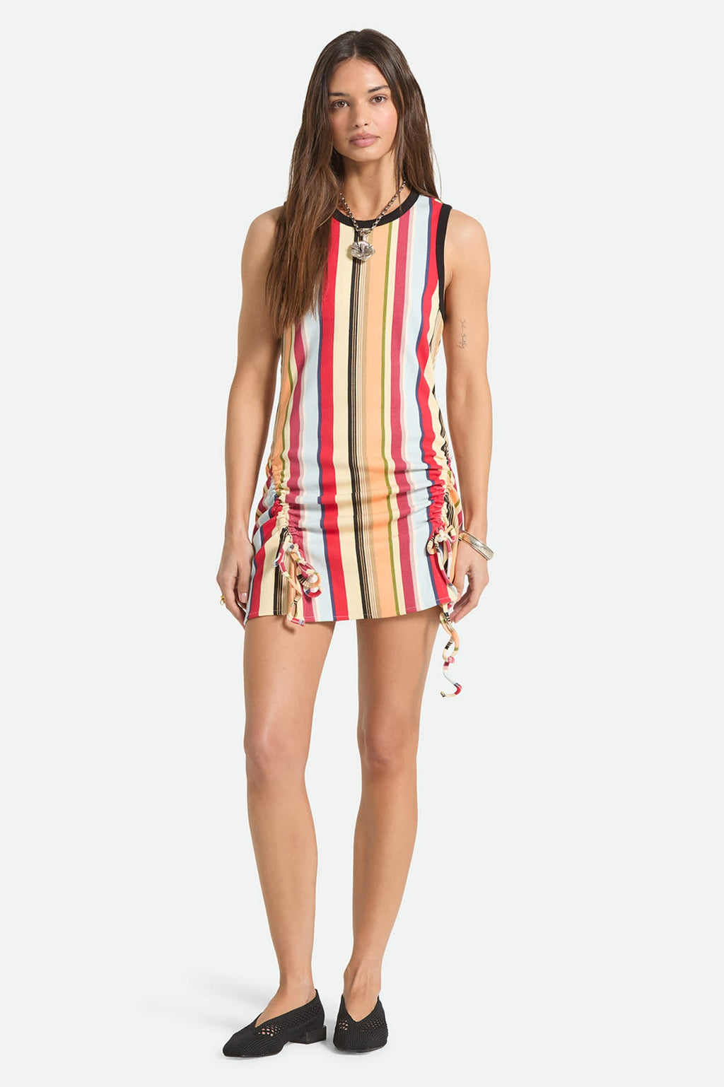 Ribbed Cinch Mini Dress - Peach Cobbler Multi Stripe